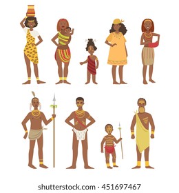 African Tribes People Bright Color Cartoon Simple Style Flat Vector Set Of Stickers Isolated On White Background