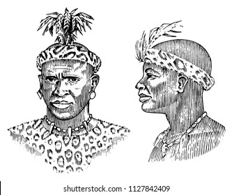 African tribes, portraits of Aborigines in traditional costumes. Australian Warlike black native man. Engraved hand drawn old monochrome Vintage sketch for label.