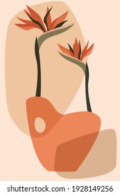 Сompositions with African tropical exotic plants and abstract vases, strelitzia flowers. A trendy art contemporary design collage in an ecological style. Minimalist shapes in pastel colors. Vector.