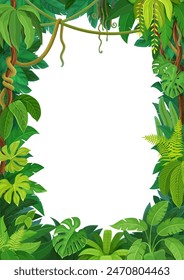 African tropical forest liana frame with jungle plant leaves. Vector background with rainforest foliage, green grass, vines, tree branches. Paradise vertical border template with lush tropic thickets