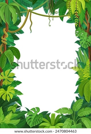 African tropical forest liana frame with jungle plant leaves. Vector background with rainforest foliage, green grass, vines, tree branches. Paradise vertical border template with lush tropic thickets