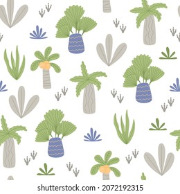 African tropical jungle in cartoon style. Seamless pattern with various palm trees, plants and dino footprints. Colorful cute objects isolated on white background. Hand drawn flat vector illustration.