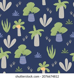 African tropical jungle in cartoon style. Seamless pattern with various palm trees, plants and dino footprints. Colorful elements isolated on blue background. Hand drawn flat vector illustration.