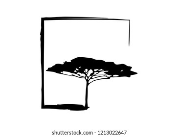 African tropical tree logo icon black and white color, acacia tree silhouette, green nature safari ecology concept, biological concept nature preservation trust, vector isolated on white background 