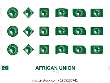 Bandera de la Unión Africana puesta, banderas simples de la Unión Africana con tres efectos diferentes. Ilustración vectorial.
