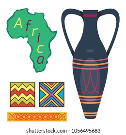 African vase culture ethnic art tool decorative ceramic pot tribal ancient crockery vector illustration.