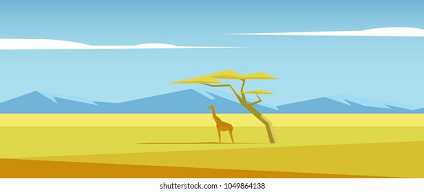 African vector landscape with giraffe standing under the acacia tree in the middle of savannah and mountains in the distance. Acacia and giraffe in the savannah field illustration. Nature of Africa