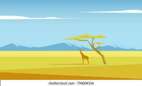 African vector landscape with a giraffe and a tree standing in the middle of savannah and mountains in the distance. Acacia and giraffe in the field of savannah illustration. Nature of Africa.