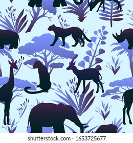 African vector seamless pattern with tropical leaves and wild animals in trendy blue colors. Safari texture with elephant, leopard, roe deer, rhino,giraffe silhouettes. For apparel, textile, wrappings