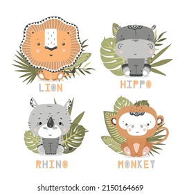 African vector set hippo, lion, rhinoceros, monkey vector