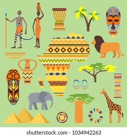 African vector symbols travel safari icon element set. African animals and people ethnic art south ancient design. Wildlife mask ancient african pattern, house, man and woman