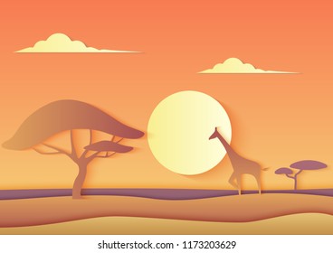 African vector trendy paper cuted landscape with a giraffe and a tree. Nature of Africa Acacia and giraffe in the field hills of savannah illustration.