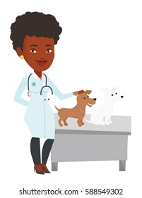 African veterinarian with stethoscope examining dogs in hospital. Veterinarian with dogs at vet clinic. Concept of medicine and pet care. Vector flat design illustration isolated on white background