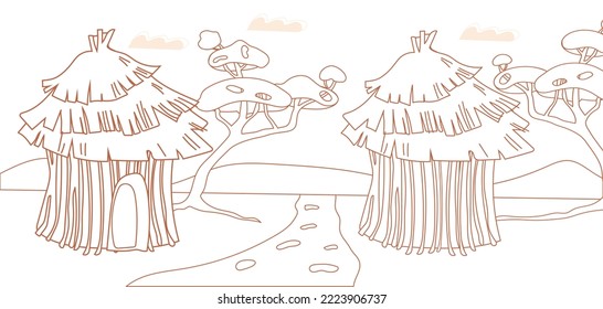 African village huts with thatched roof among trees, line hand drawn vector illustration isolated on white background. Banner backdrop with African traditional village houses.