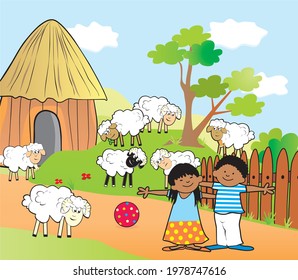 African village and kids on farm, vector illustration. Rural scene with african kids and sheeps.	