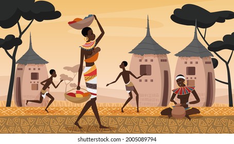 Escenario paisajístico de aldeas africanas, personas en África ilustran vectores. Caricatura de joven personaje de mujer con traje tradicional tribal con niños caminando entre casas pobres, niños felices juegan al fondo