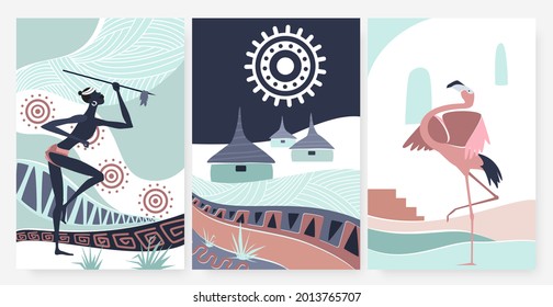 African village, traditional ethnic pattern ornament in wall art decor vector illustration. Cartoon flamingo, aboriginal tribe people holding spear, native folk hut houses in african posters set