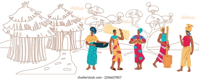 African village and women in ethnic clothes for travel and vacation banners and posters. African women in village with huts, flat hand drawn vector illustration isolated on white.