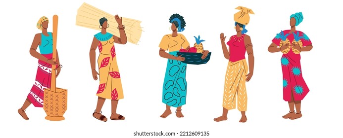 African village women with work tools, flat cartoon vector illustration isolated on white background. Culture and people of Africa. African peasants female characters in traditional clothing.