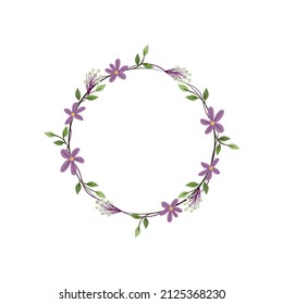 African violet, snowberry and iris flower wreath. Green decorative ivy. Spring floral round frames. Creeper plant flat vector illustration