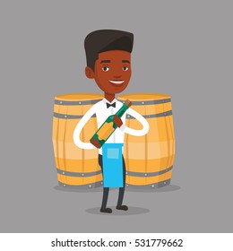 An african waiter holding a bottle of wine. Waiter with bottle in hands standing on the background of wine barrels. Waiter presenting a wine bottle. Vector flat design illustration. Square layout.