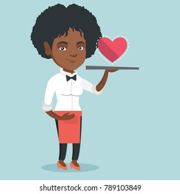 African waitress carrying a tray with social network like button. Full length of young waitress holding a restaurant tray with social network like button. Vector cartoon illustration. Square layout.