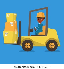 An african warehouse worker loading cardboard boxes. Forklift driver at work in storehouse. Warehouse worker in hard hat driving forklift at warehouse. Vector flat design illustration. Square layout.
