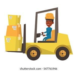 African warehouse worker loading cardboard boxes. Forklift driver at work in storehouse. Warehouse worker driving forklift at warehouse. Vector flat design illustration isolated on white background.
