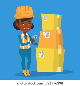 An african warehouse worker scanning barcode on box. Warehouse worker checking barcode of box with a scanner. Warehouse worker in hard hat with scanner. Vector flat design illustration. Square layout.