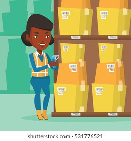 An african warehouse worker scanning barcode on box. Warehouse worker checking barcode of boxes with a scanner. Warehouse worker working with a scanner. Vector flat design illustration. Square layout.