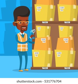 An african warehouse worker scanning barcode on box. Warehouse worker checking barcode of boxes with a scanner. Warehouse worker working with a scanner. Vector flat design illustration. Square layout.