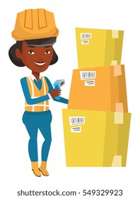 African warehouse worker scanning barcode on box. Warehouse worker checking barcode of box with a scanner. Warehouse worker at work. Vector flat design illustration isolated on white background.