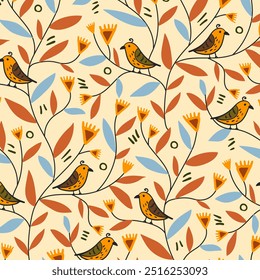 African warm seamless pattern of birds sitting on wavy branches with leaves and flowers. Stylized vintage botanical background in warm and blue tones.