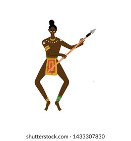African Warrior Dancing with Spear, Male Aboriginal Dressed in Bright Traditional Ethnic Clothing Vector Illustration