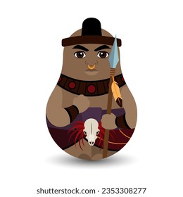 An African warrior. A dark-skinned man with a spear in his hand and a mohawk on his head. Design tilting toy. Modern kawaii dolls for your business project. Flat vector.