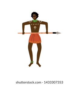 African Warrior Man with Spear, Male Aboriginal Dressed in Bright Traditional Ethnic Clothing Vector Illustration