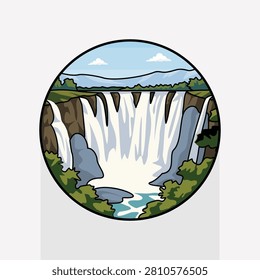African Waterfall Cascading Down Rocky Cliffs with Rising Mist Surrounded by Green Wilderness Landscape, Circular Badge Icon Illustration Inspired by Victoria Falls Natural Wonder, Great for Travel, Adventure and Tourism Design Projects