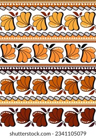 African wax or Ankara vector seamless pattern, Batic textile design with flowers in yellow, orange, red and brown. 
Floral tribal clothing fabric background with flowers and leaves -traditional 