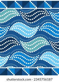 African wax Ankara vector seamless pattern with blue waves, Java print fabric or textile design with geometric motif. 
Tribal clothing background - Batik colorful traditional ornament from Kenya, 