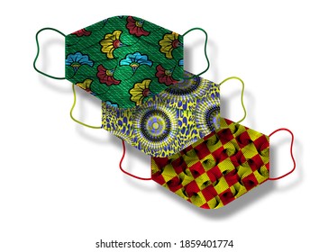 African Wax fabric pattern of surgical masks. Industrial safety mask, dust protection respirator and breathing medical respiratory mask. Hospital or pollution protect face masking, vector isolated