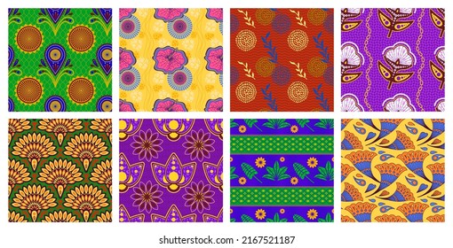 African wax pattern. Seamless ethnic floral ornament, fashion fabric prints vector set of ornament seamless textile, background fabric texture illustration