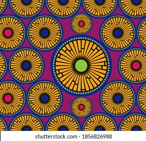 African Wax Print fabric, Ethnic handmade ornament for your design, Afro Ethnic flowers and tribal motifs geometric elements. Vector texture, Africa striped seamless textile Ankara fashion style