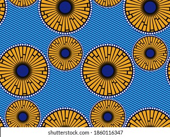 African Wax Print fabric, Ethnic handmade ornament seamless design, Afro Ethnic flowers and tribal motifs geometric elements. Vector texture, Africa striped in blue color textile Ankara fashion style