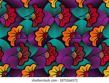 African Wax Print fabric, Ethnic overlap ornament seamless design, kitenge pattern motifs floral elements. Vector texture, afro colorful textile Ankara fashion style. Pareo wrap dress wedding flowers