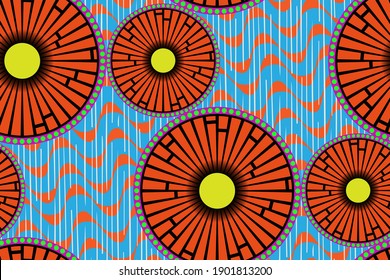 African Wax Print fabric, Ethnic handmade ornament seamless design, Afro Ethnic flowers and tribal motifs geometric elements. Vector texture, Africa striped in blue color textile Ankara fashion style