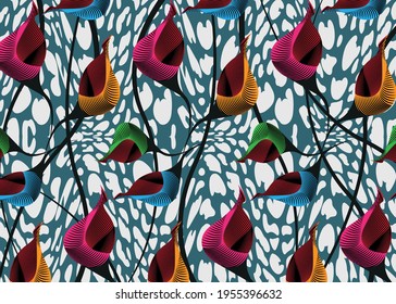 African Wax Print Fabric, Ethnic Handmade Ornament Design, Tribal Pattern Motifs Floral Elements. Vector Texture, Afro Colorful Textile Ankara Fashion Style. Pareo Wrap Dress Wedding Flowers 