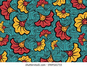 African Wax Print fabric, Ethnic handmade ornament design, tribal pattern motifs floral elements. Vector texture, afro colorful textile Ankara fashion style. Pareo wrap dress wedding flowers