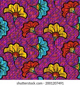 African Wax Print fabric, Ethnic handmade ornament seamless design, tribal pattern motifs floral elements. Vector texture, afro colorful textile Ankara fashion style. Pareo wrap dress wedding flowers