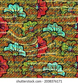African Wax Print fabric, Ethnic handmade ornament seamless design, tribal pattern motifs floral elements. Vector texture, afro colorful textile Ankara fashion style. Pareo wrap dress wedding flowers