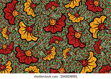 African Wax Print fabric, Ethnic overlap ornament flower fashion design, kitenge pattern motifs floral elements. Vector texture, afro colorful textile Ankara style. Pareo wrap dress wedding flowers